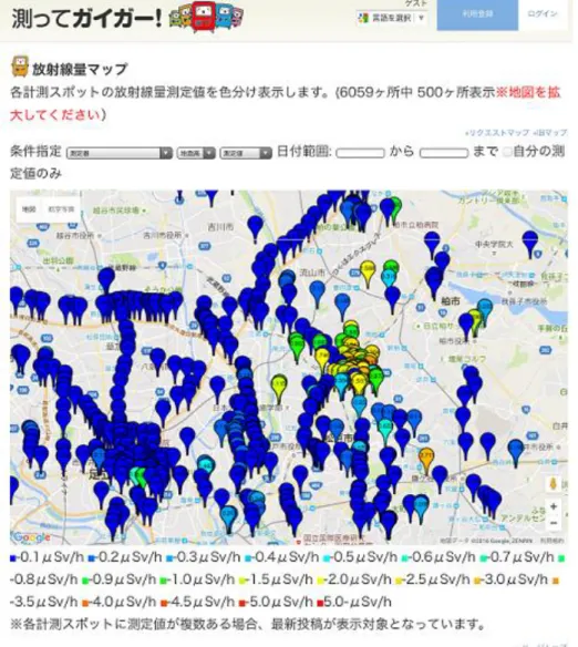 図 2-6  参加型センシングの情報共有サイト「測ってガイガー」  ウェザーニュース社[58]はクラウドセンシングと称して，雨量計ユーザの情報 をニュース情報として収集し情報発信している．機器としては 2011 年創業でフ ランスの Netatmo 社の温度・湿度・気圧・CO2 濃度測定用センサ「ウェザース テーション」を利用している[59]（図 2-7） ．「ウェザーステーション」はすでに 100 か国で利用されており，「ウェザーマップ」[60]というサービスサイトを通 じて世界中の情報が共有されている（