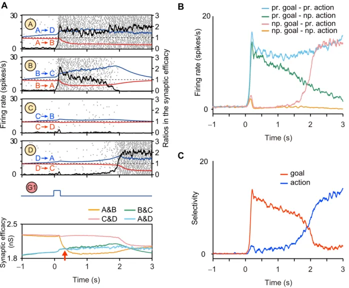 Figure 3A shows a typical response of the network consisting of all the three types of synapses, namely, facilitation, depression, and constant synapses when the goal position G1 was presented as a sensory input at the beginning of the goal-display period