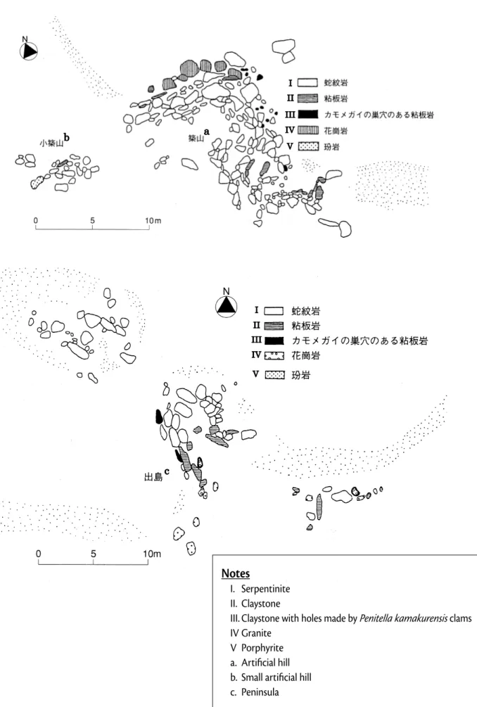 Fig. 4   Garden at the Môtsû-ji Temple: Stone classification of the artificial hill’s stone arrangement (top)                                  and peninsula’s stone arrangement (bottom)