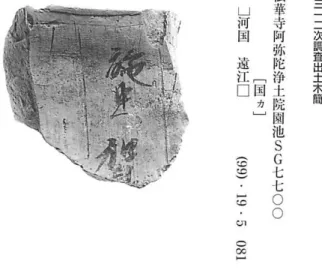 図 ６ ８ 第 ３ １ ２ 次 調 査 出 十 十 窯 １ ： ４法華寺阿弥陀浄土院園池ＳＧ七七○○﹇国ヵ﹈Ｕ河国遠江□︵９︶．ご・ ︑ 尻 ﹈ を考える上で非常に重要である。 下) W掘立柱建物の柱穴は、掘形、抜取穴ともに池底の 堆祇土に種われることから、池より新しくならないこと はりj らかである。しかし、I i l l j 者が併存したか否かはいず れとも判断しがたい。建物を建て群える際に、地盤安定 のための地業として、いったん池底の堆積土を除去した 可能性も捨てきれないからである。従って、これも現時