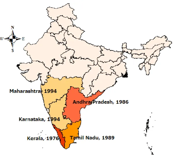 Figure 1: Years of amendment of the Hindu Succession Act, 1956 in each state 