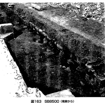 図 1 6 3 888500  (南東か 5 ) ている。埋め戻しの途中で、標高 9 0 . 8 m 付近に石を敷い た足場が見られた。底に近い埋土からは多量の木質遺 物が出土し、上層の埋土からは多量の土師器皿が投棄 された状態で出土した。それらの年代から 1 6 世紀前半 に埋められたと考えられる。おそらく、その機能を受 け継ぐために S E 8 4 4 2 が造られたと見られる。 8A8460  南調査区の北壁で 3 間分が確認されたー列 の柱穴で、 4 穴すべてに柱ないし礎板が残っていた。 西側から 