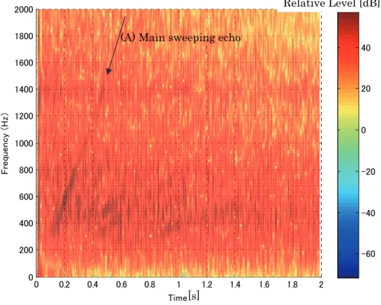 FIG. 2.2 Spectrogram of the recorded data. The main sweeping echo appears  clearly from 0 to about 400 ms [line (A)]