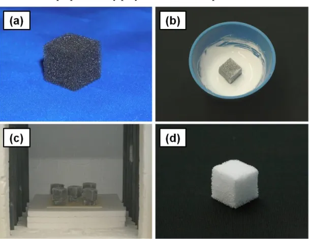 Figure 1-3 Procedure of ceramics foam preparation by polyurethane foam  replica  method:  (a)  polyurethane  foam  used  as  the  template,  (b)  coating  with  ceramics  slurry,  (c)  sintering  in  the  furnace  and  (d)  ceramics  foam  obtained after s