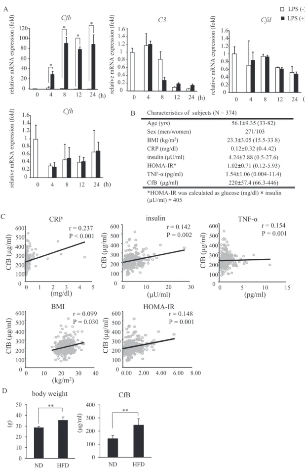 Fig. 1. Complement system gene expression in adipocytes and the association between serum CfB concentration and other biochemical and immunological parameters in Japanese subjects