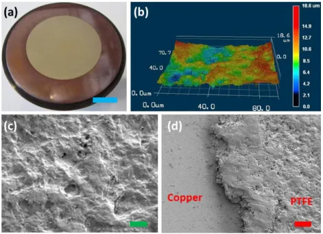 Figure 2.3 (a) A photo and (b) 3-D profile of the PTFE-spray-coated surface. Blue scale bar: 10 mm