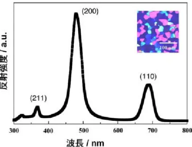Fig.  2-10  Bragg  reflection  spectrum  of  BPI  and  corresponding  polarizing  optical  microscope image is inserted