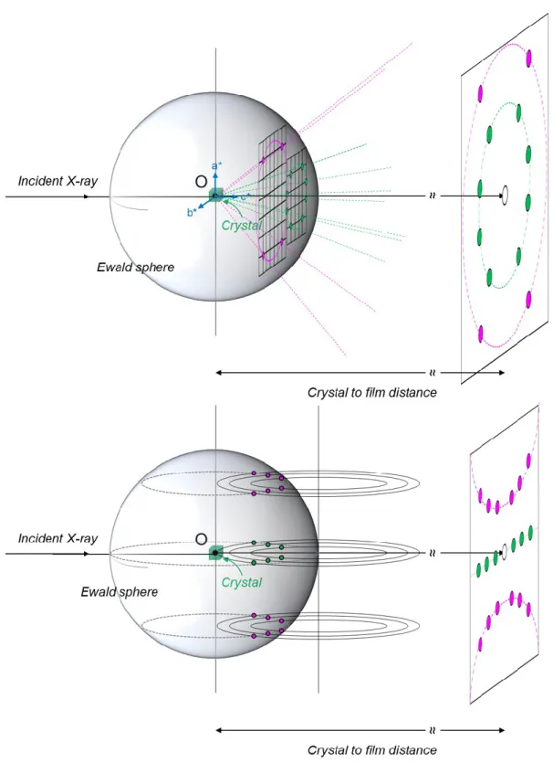 Fig. 2-17 Three-dimensional drawing of the Ewald sphere construction of (a) the oriented  crystal and of (b) the one-dimensional oriented sample