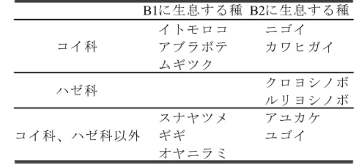 表 2-9   エコリージョン B1 および B2 の一方にのみ出現した魚種  B1 に生息する種 B2 に生息する種 イトモロコ ニゴイ アブラボテ カワヒガイ ムギツク クロヨシノボリ ルリヨシノボリ スナヤツメ アユカケ ギギ ユゴイ オヤニラミコイ科ハゼ科コイ科、ハゼ科以外