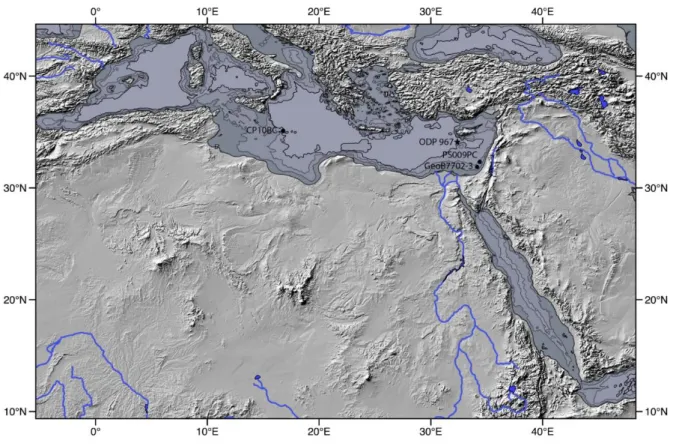 Figure 2. 2: Shaded relief map of North Africa and ODP Site 967 location with black star in  the  eastern  Mediterranean  Sea  (black  star)  in  the  path  of  the  Nile  River  outflow