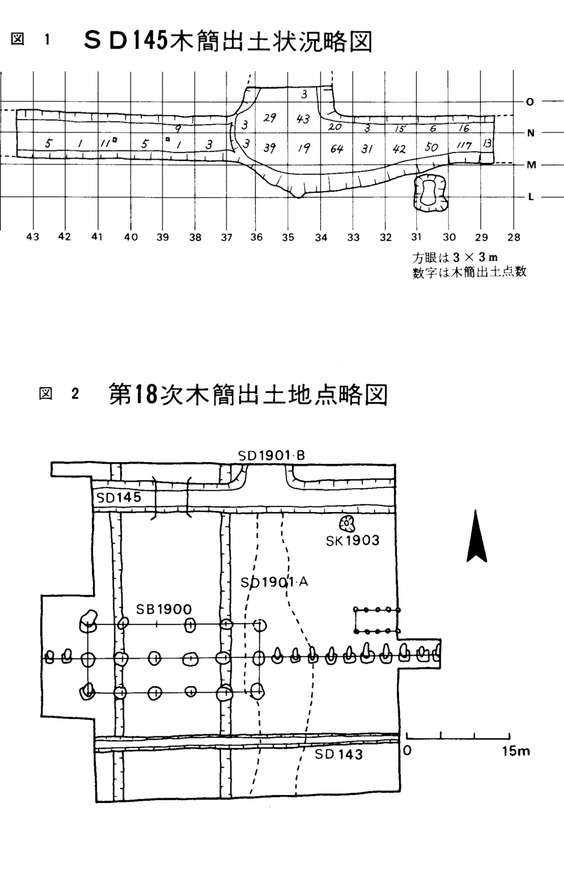 図 １ ４３ ４２ 図 ２ S D145木簡出土状況略図41４０3９3837３６35 ３４ ３３ 32 第18次木簡出土地点略図 SD1901･Ｂ ‑ 15 − 31 ３０ ２９ ２８方眼は３×３ｍ 数字は木簡出土点数Å ＯＮ ＭＬ一）      15ｍ