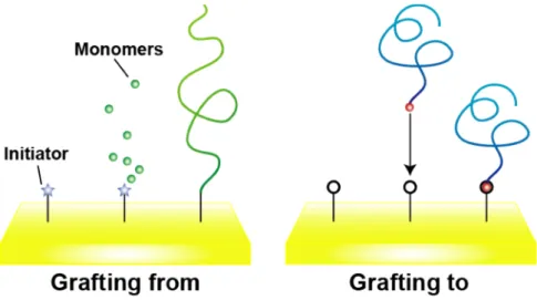 Figure 1-9 Illustration of representative methods for grafting polymers on a material surface