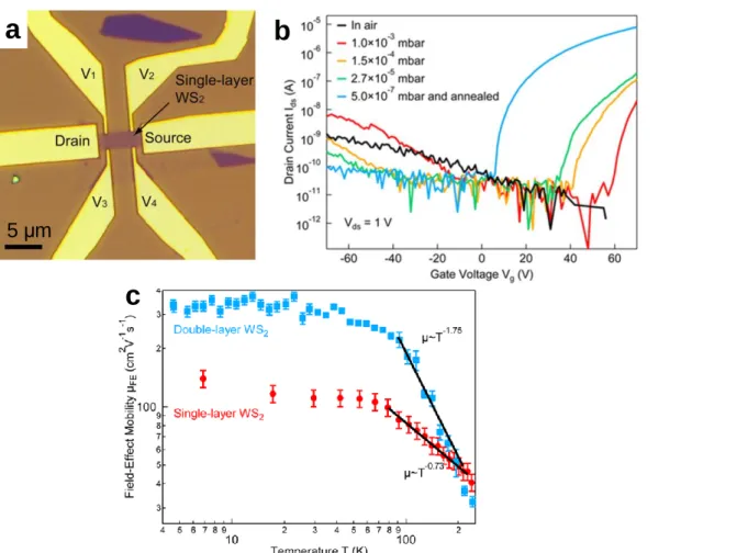 Figure 3-2. (a) Optical micrograph of single-layer WS 2  FET device.  (b) Transfer curves of the single-layer WS 2 under different environment