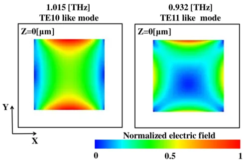 Fig. 3-6 Electric field distribution in XY plane of Z = 0 [μm] at frequency of  passband peak point and dip point