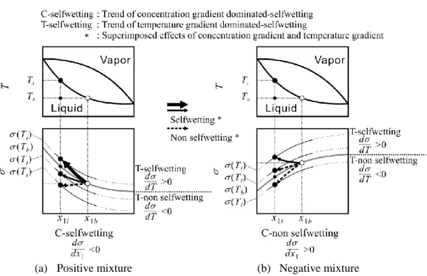 Fig. 2.28  蒸発界面に沿った表面張力の変化に及ぼす濃度および温度の影響 