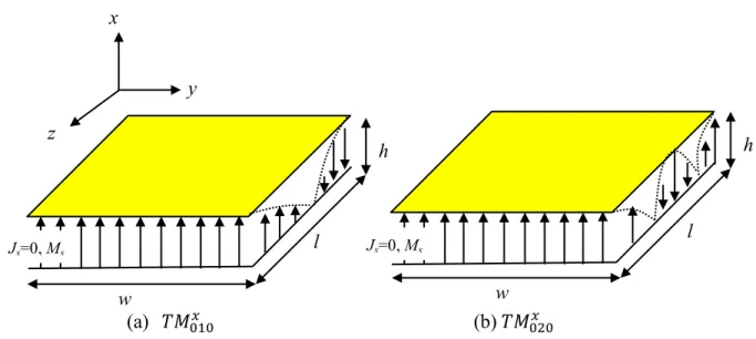 Fig. 3.4  Excitation modes of rectangular patch antenna. (a)  