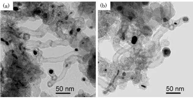 Fig. 2.1 (e), (f)である． Fig. 2.4 に示した TEM 像から， Pt 粒子を先端にもつ CNT が生成していることが分かる．よって 973  K 以上の反応温度でエチレン分解を 行うと，Pt/CB 上に CNT が生成するといえる．また Fig