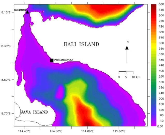 Figure 5  Bathymetric map of the Bali Strait, Indonesia. Filled-colour show the depth in meters