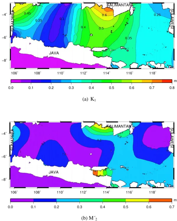 Figure 7. Co-range charts of K 1  and M´ 2  tidal amplitude (unit is meter) 