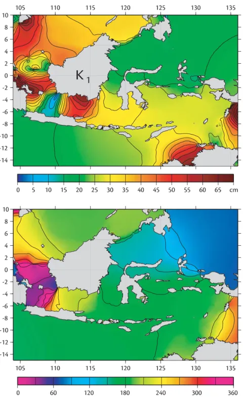 Figure  9.  Co-range  chart  (upper  figure)  and  co-tidal  chart  (lower  figure)  of  K 1 tide in Indonesian Seas (after Ray, et all., 2005) 