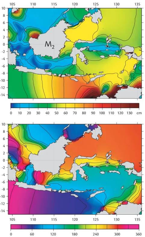 Figure  10.  Co-range chart (upper figure) and  co-tidal  chart (lower  figure)  of M 2 tide in Indonesian Seas (after Ray, et all., 2005)) 