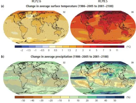Figure 2.6 the  prediction of the global mean  surface temperature (a) and  precipitation (b) based on multi-model mean projections for 1986-2005 to 