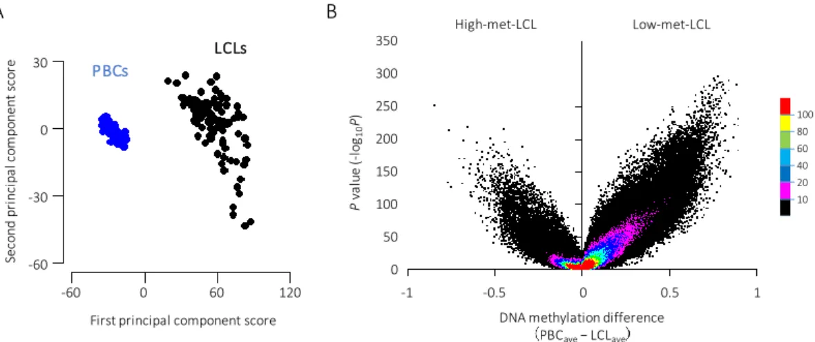 Figure 4: Global difference in the DNA methylation level between the LCLs and PBCs  (A) Principal component analysis (PCA) plot