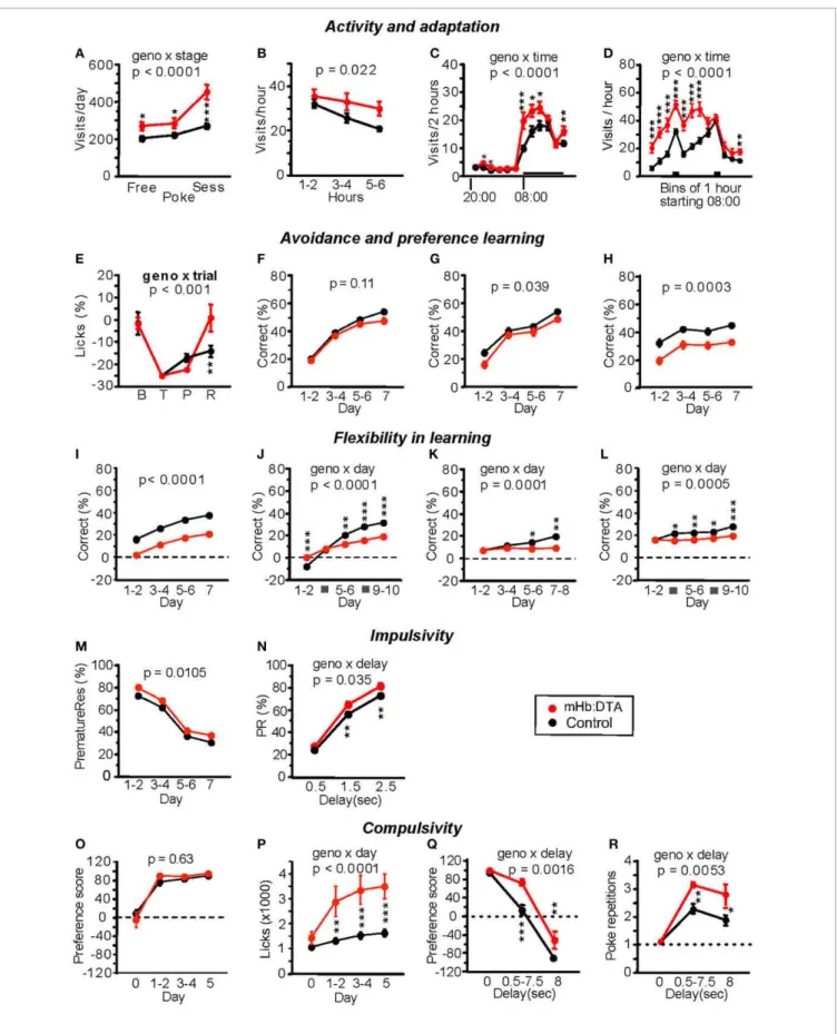 FIGURE 6 | Behavioral phenotypes of mHb:DTA mice in the IntelliCage system. (A–D) Activity and adaptation