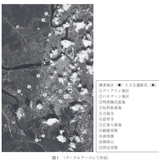 図 1   （グーグルアースにて作成） 調査地区（◉）と主な遺跡名（□）①ディアリン地区②バオヴィン地区③明香陳氏墓地④阮科族墓地⑤万福寺⑥慈孝寺⑦広東人墓地⑧嗣徳帝陵⑨南郊壇⑩御屏山⑪啓定帝陵①②⑤⑥⑨⑩④⑦③⑪⑧