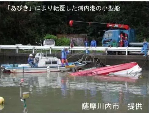 図 1.1-4  2009 年 2 月の副振動で転覆した浦内湾の小型船 