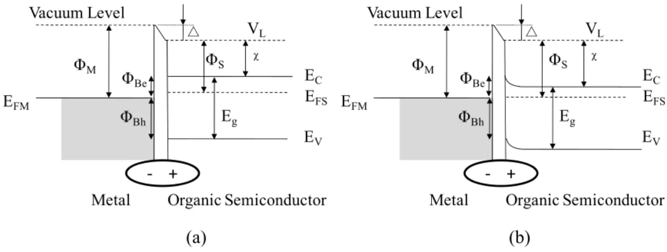 Fig. 1.2 Vacuum level alignment for metal/organic interfaces (a) without band bending; 