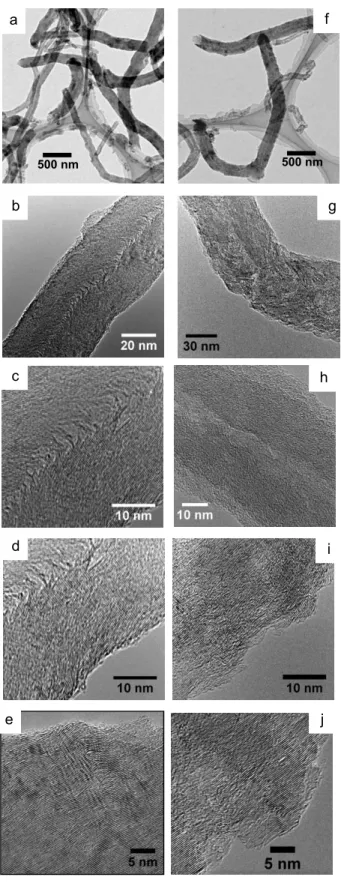 Fig. 2.3 TEM images of CNF(HCl) (a-e) and CNF(HNO 3 ) (f-j). 