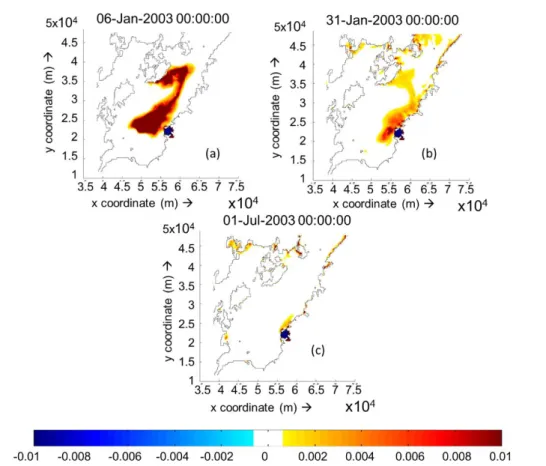 Figure 3.5. Cumulative deposition and erosion thickness on 5 layers simulation with  freshwater inflow after (a) 5days, (b) 30 days, and (c) 180 days