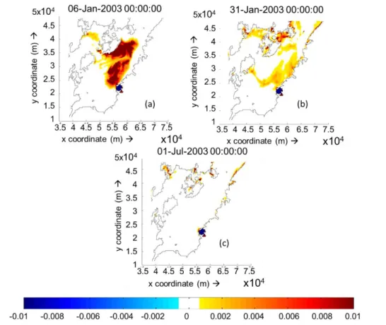 Figure 3.7. Cumulative deposition and erosion thickness on 10 layers simulation with  freshwater inflow after (a) 5days, (b) 30 days, and (c) 180 days