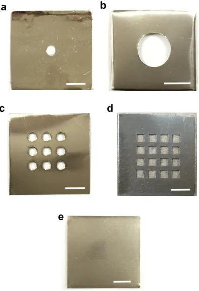 Figure 3.2 Photographs of some of the Ni foils employed for the experiments.  Foils with (a) 2 mm- and  (b)  6  mm-diameter  single  holes,  employed  for  the  position-controlled  growth  of  isolated  single-grain  graphene