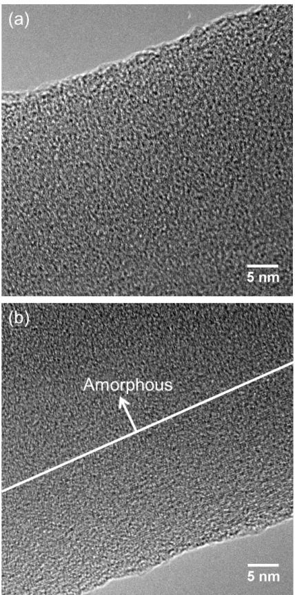 Figure  3.3  TEM  images  of  the  FIB-irradiated  MWNT:  (a)  upper  part  of  the  MWNT  irradiated  directly and (b) lower part of the MWNT showing partially-remained structure of graphitic shells