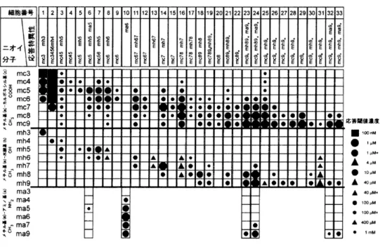 図 1.6 マウスの匂い受容体の匂い物質応答特異性とアミノ酸配列同一性 55)  匂い受容体は匂い物質の odotope を認識している．そのため，ある odotope に対 して，決まった複数の受容体が活性化している．つまり，ある匂い物質に対して特 有の受容体の活性パターンが存在することになる．匂い物質により活性化される匂 い受容体の集合を匂いコードと呼ぶ 57) ．匂い物質 A の匂いコードとは，匂い物質 A によって活性された匂い受容体の組み合わせとなる．図 1.7 に odotope の概念と 匂い