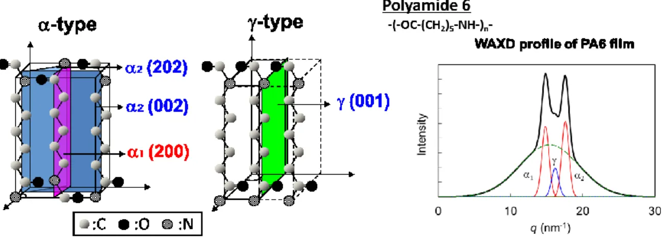 Figure 3-1. Crystal structure model of Polyamide6 and WAXD profile of PA6 .  3.2.2  評 価 サ ン プ ル の 調 製 3.2.2.1 CF 内 包 PA6 コ ン ポ ジ ッ ト フ ィ ル ム の 調 製 CM1010 ペ レ ッ ト を 500 mg 、短 繊 維 に 切 断 し た 各 CF を 5 mg 秤 量 し 、室 温 に て TFE  （ 2,2,2-ト リ フ ル オ ロ エ タ ノ ー ル （ 東 京 