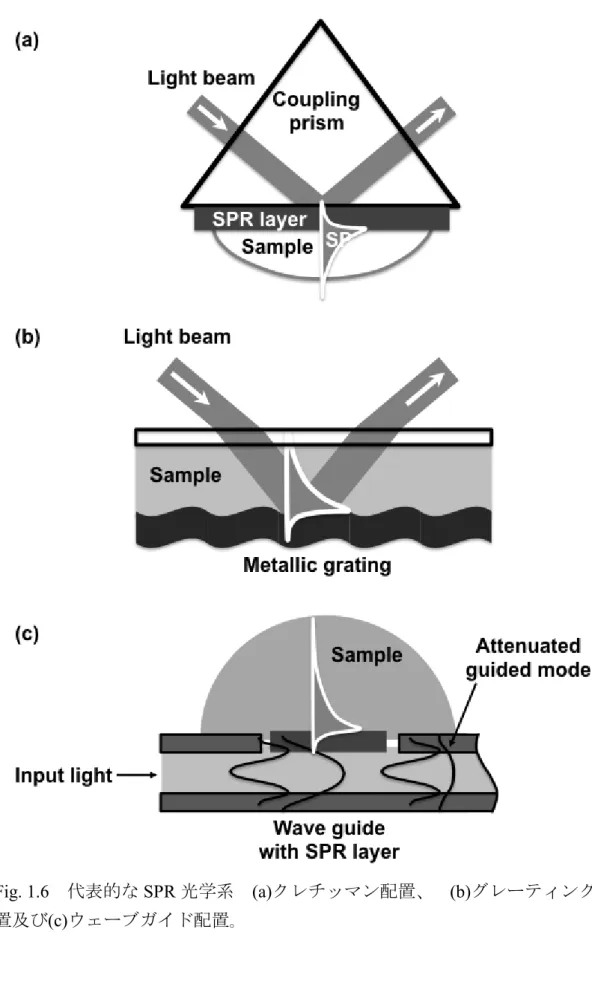 Fig. 1.6  代表的な SPR 光学系  (a)クレチッマン配置、  (b)グレーティング配