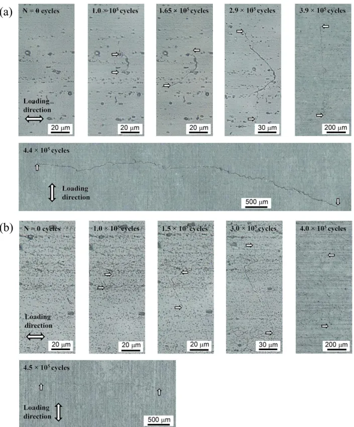 Fig. 2.11.  Fatigue crack growth behavior of the main cracks were observed by plastic replica  technique: (a) Al6061-Zr alloy, and (b) Al6061-Zr-Mg alloy