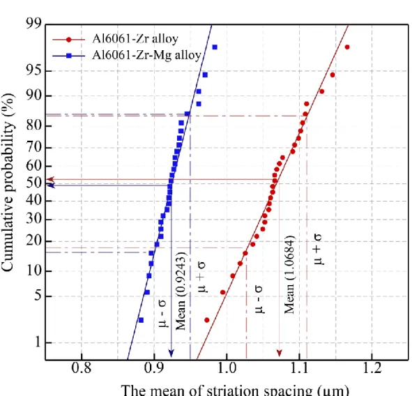 Fig. 2.14. Analysis of the striation spacing at 4000 µm from crack initiation site: 