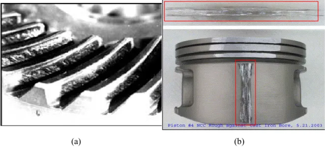 Fig. 1.1 Appearance of scuffed mechanical components. (a): Scuffed gear (Courteous to  ANSI/AGMA [1])