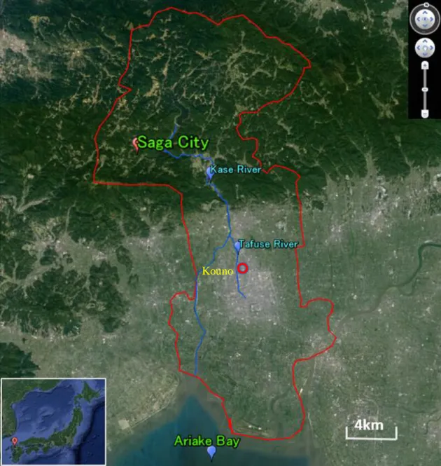 Fig. 2.2 Location map of Kouno WPP in Saga City. (modified from Google Earth  (2016)) 