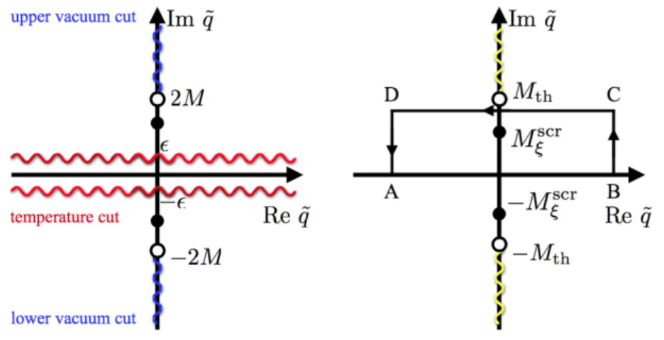 Fig. 2.1: Singularities of χ ξξ (0, q ˜ 2 ) in the complex-˜ q plane based on the pre- pre-vious formulation [35] (left) and the present formulation (right)
