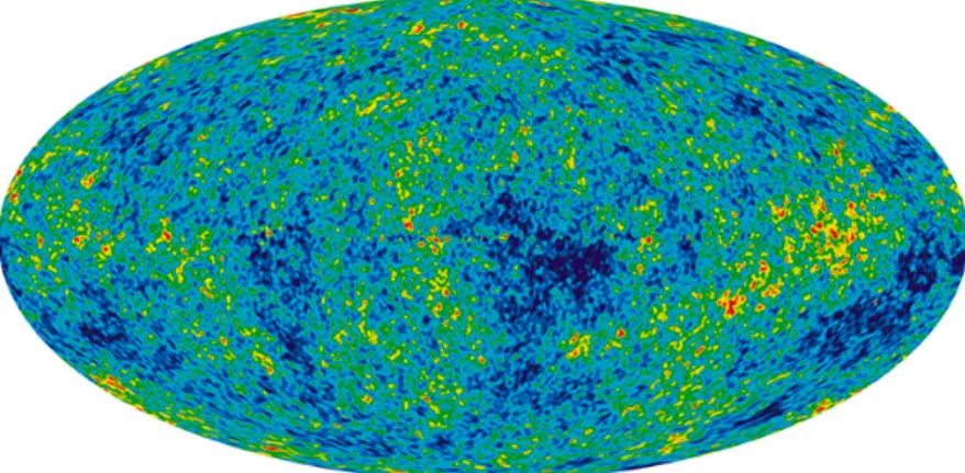 Fig. 1.5: WMAP-9yr result of CMB radiation. It shows the CMB temperature and fluctuation from -300µK (dark blue) to 300µK (red).