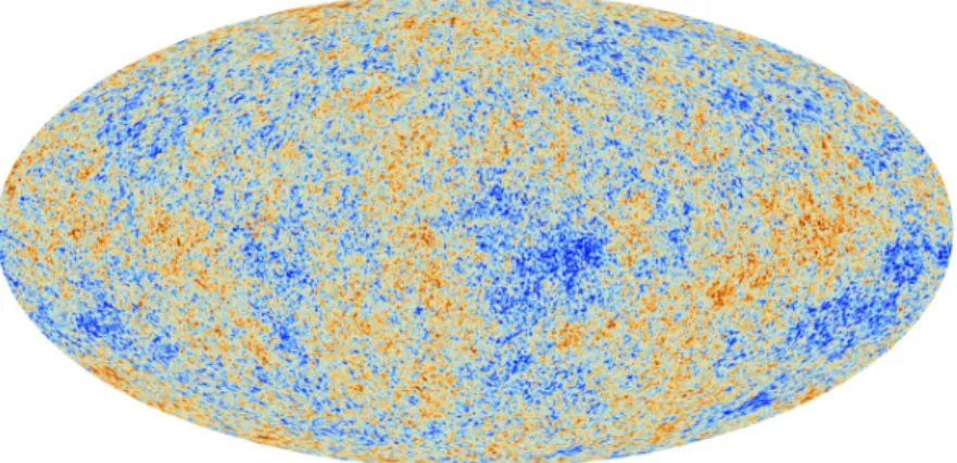 Fig. 1.6: CMB observed by Planck. It shows the temperature fluctuation in more detail from -300µK (blue) to 300µK (red)