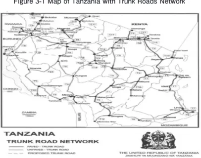 Figure  3-1  and  table  3.1  each  demonstrate  that  transportation  and  distribution  networks  in  Tanzanian  are  insufficient  both  in  number  and  condition.  Rural  road  infrastructure  is  poor  and  limited  in  scope.  Adding  to  these  dif