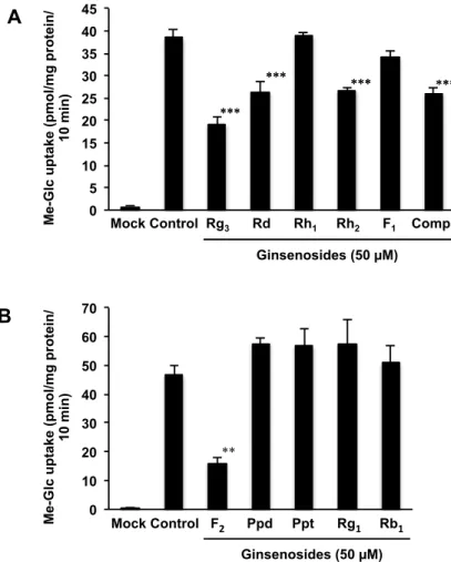 Fig. 5  各 種 ginsenoside 類 の SGLT1 阻害作用  SGLT1 を一過的に発現させたHEK293 細胞 に、 ginsenoside 類を 50 µM の濃度で含む緩 衝 液 と と も に 、 と   [ 14 C]methylglucose （Me-Glc、 500 nM）を 10 分間作用させた。 その後の細胞内の放射能により、細胞内に取 りこまれた Me-Glc 量を測定した。データは mean  ±  S.E