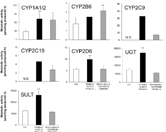 Fig.  3.  Activities  of  CYP1A1/2,  CYP2B6,  CYP2C9,  CYP2C19,  CYP2D6,  UGT,  and  SULT  in  differentiated enterocyte-like cells 
