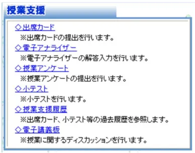 図 5-9  CCS の LMS 機能（学生画面） 53) この授業では，毎回 100 名以上の学生がノートパソコンでの作業とともに授業に集中していた．講義 にあたってノートパソコンを忘れたり，故障やネットワークへの接続不良など運用上の不具合は，受講 生の増加に応じて発生件数も多くなる．この対応として，自学自習での学習は携帯電話からでもアク セスを可とした（児島ほか（2006））．また，授業アンケートや電子アナライザの受付期間を 48 時間以内 とすることで，授業後の提出を許可した．この弾力的な措置によって